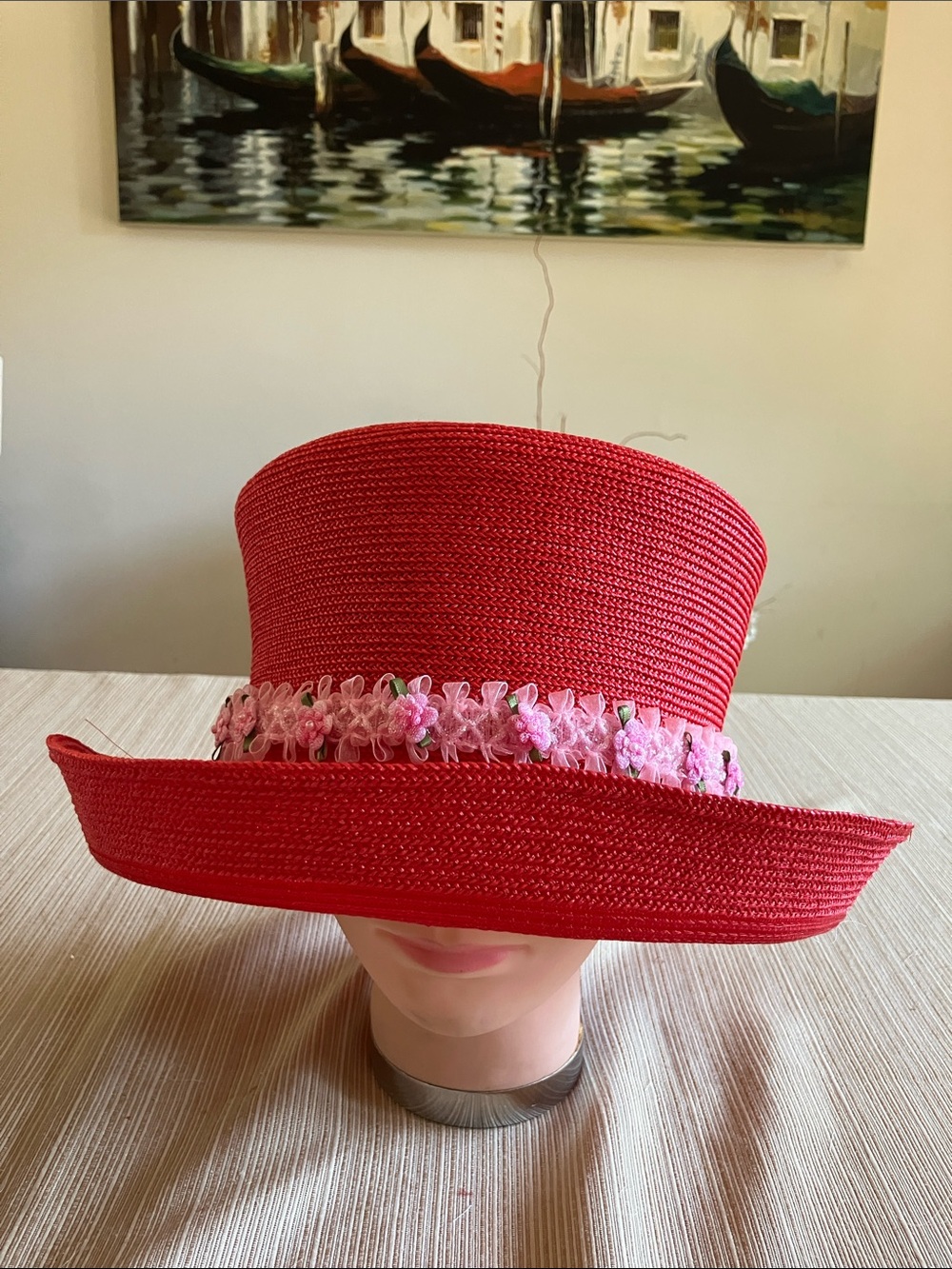 Red Straw Wide-Brim Hat with Pink Floral Band